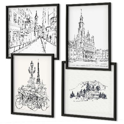 Composizione di 4 quadri Disegni semplici di scorci cittadini