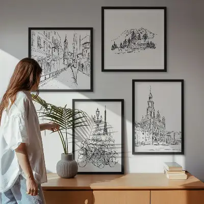 Composizione di 4 quadri con disegni semplici di scorci cittadini