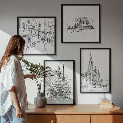 Composizione di 4 quadri Disegni semplici di scorci cittadini