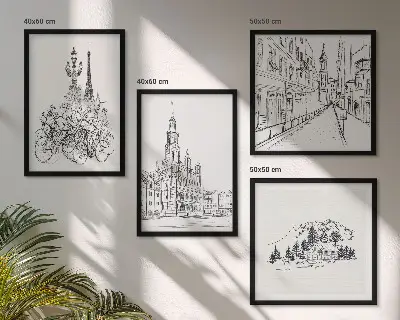 Composizione di 4 quadri con disegni semplici di scorci cittadini