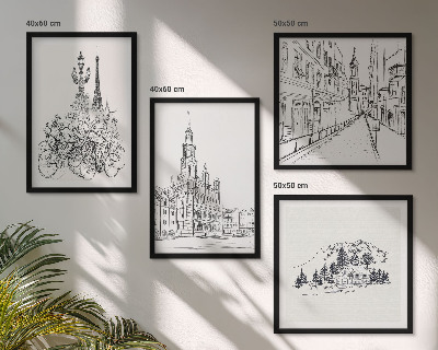 Composizione di 4 quadri Disegni semplici di scorci cittadini