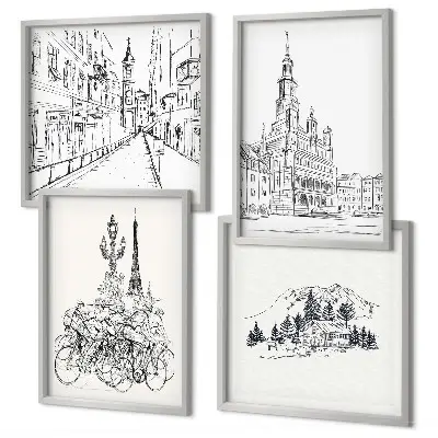 Composizione di 4 quadri con disegni semplici di scorci cittadini