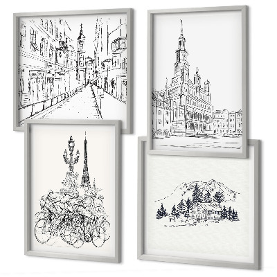 Composizione di 4 quadri Disegni semplici di scorci cittadini