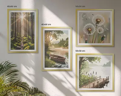 Polittico con cornice paesaggio forestale con lago a Łódź