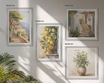 Fiori in un vaso, un mare di limoni polittico con cornice