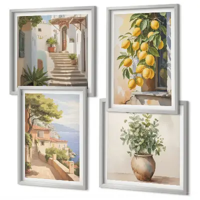 Fiori in un vaso, un mare di limoni polittico con cornice