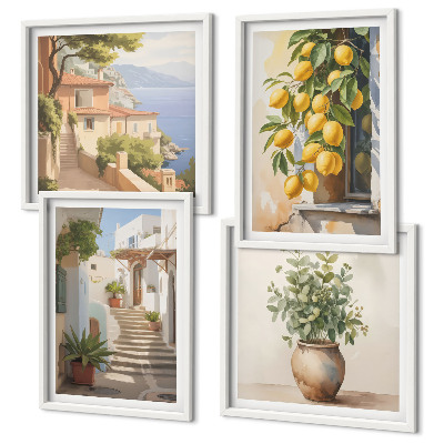 Composizione di 4 quadri Piante in vaso, limoni, strada