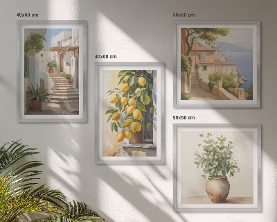 Composizione di 4 quadri Piante in vaso, limoni, strada