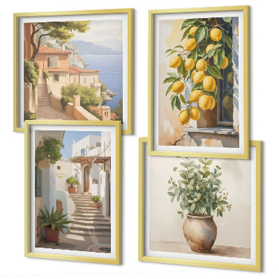 Composizione di 4 quadri Piante in vaso, limoni, strada
