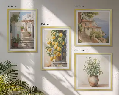 Composizione di 4 quadri con piante in vaso, limoni e strada