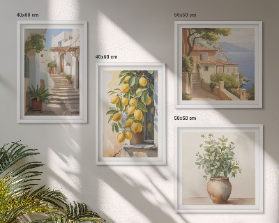 Composizione di 4 quadri Piante in vaso, limoni, strada