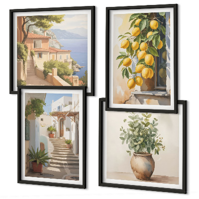 Composizione di 4 quadri Piante in vaso, limoni, strada