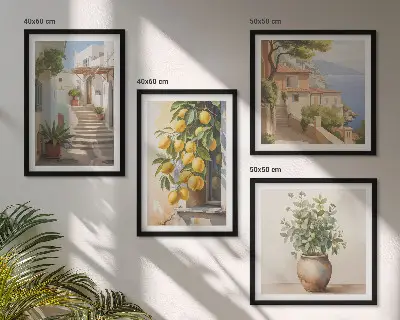 Composizione di 4 quadri con piante in vaso, limoni e strada