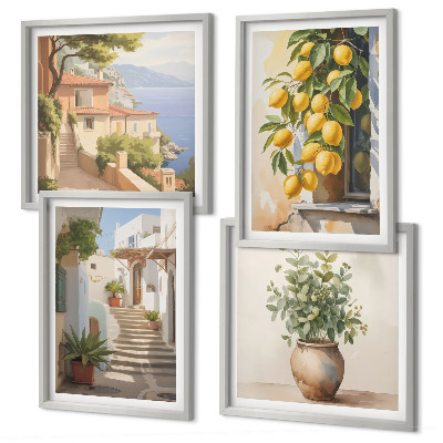 Composizione di 4 quadri Piante in vaso, limoni, strada