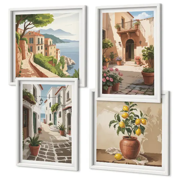 Strade, case, piante, vasi polittico con cornice