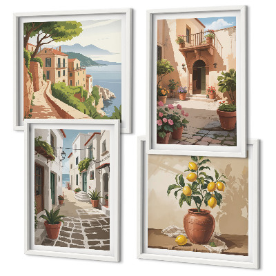 Polittico con cornice Strade, case, piante, vasi