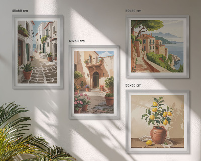 Polittico con cornice Strade, case, piante, vasi