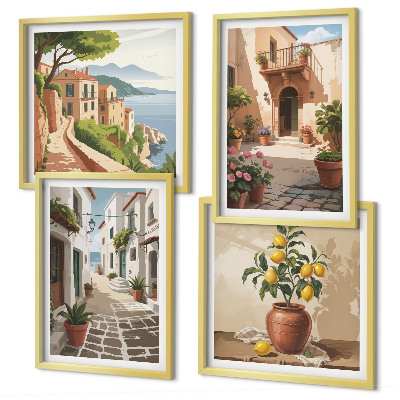 Polittico con cornice Strade, case, piante, vasi