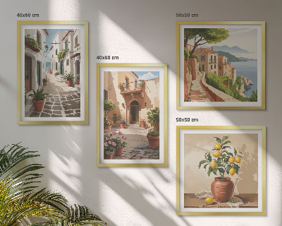 Polittico con cornice Strade, case, piante, vasi