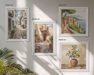 Polittico con cornice Strade, case, piante, vasi