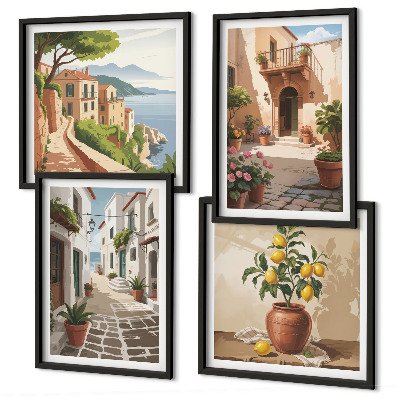 Polittico con cornice Strade, case, piante, vasi