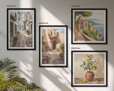 Polittico con cornice Strade, case, piante, vasi