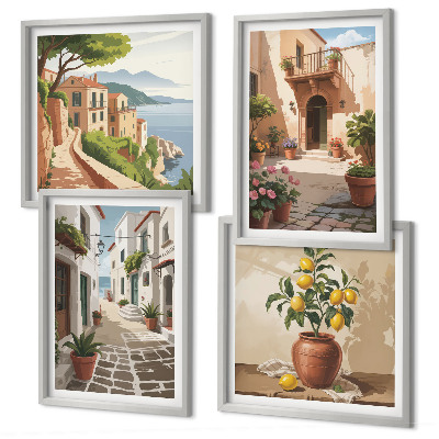 Polittico con cornice Strade, case, piante, vasi