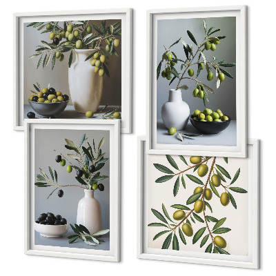 Composizione di 4 quadri Olive in vasi dai colori tenui