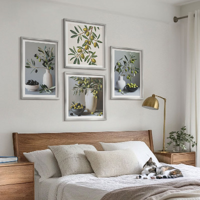 Composizione di 4 quadri Olive in vasi dai colori tenui