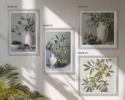 Composizione di 4 quadri con olive in vasi dai colori tenui
