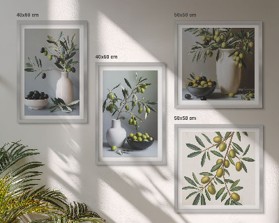 Composizione di 4 quadri Olive in vasi dai colori tenui