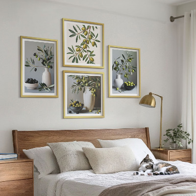 Composizione di 4 quadri Olive in vasi dai colori tenui
