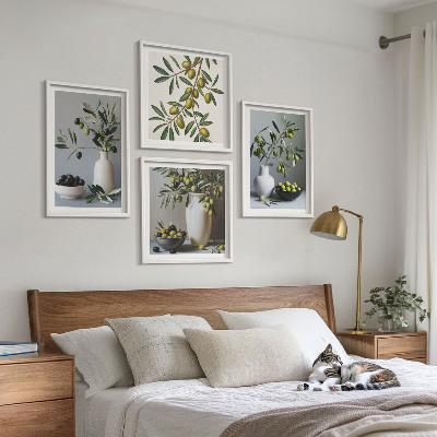 Composizione di 4 quadri Olive in vasi dai colori tenui