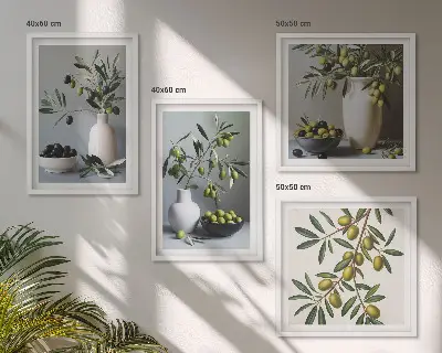 Composizione di 4 quadri con olive in vasi dai colori tenui