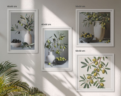 Composizione di 4 quadri Olive in vasi dai colori tenui