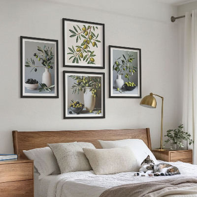 Composizione di 4 quadri Olive in vasi dai colori tenui