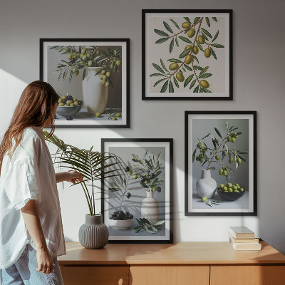 Composizione di 4 quadri Olive in vasi dai colori tenui