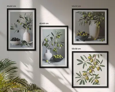 Composizione di 4 quadri con olive in vasi dai colori tenui
