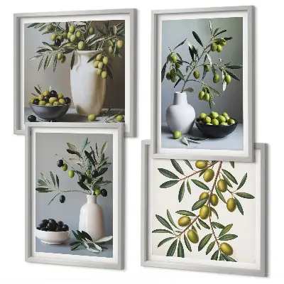Composizione di 4 quadri con olive in vasi dai colori tenui