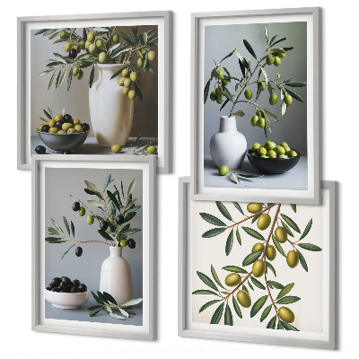 Composizione di 4 quadri Olive in vasi dai colori tenui