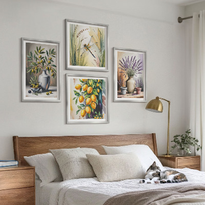 Composizione di 4 quadri Fiori d'ulivo in vaso, natura
