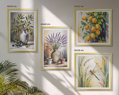 Composizione di 4 quadri Fiori d'ulivo in vaso, natura