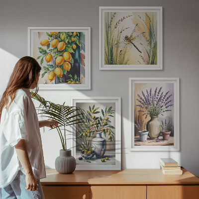 Composizione di 4 quadri Fiori d'ulivo in vaso, natura