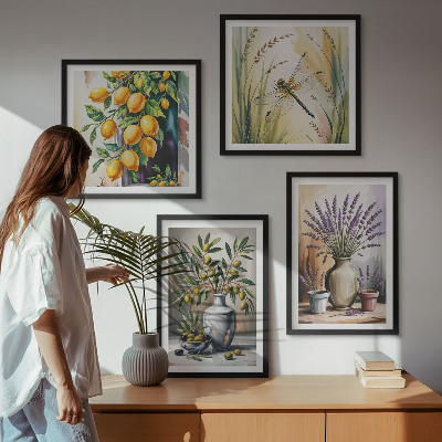 Composizione di 4 quadri Fiori d'ulivo in vaso, natura