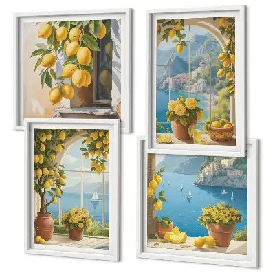 Galleria a parete paesaggi marini, limoni e finestre