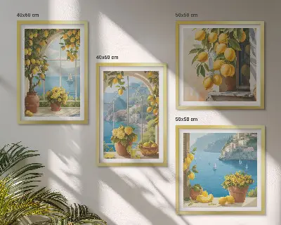Galleria a parete paesaggi marini, limoni e finestre
