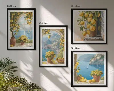 Galleria a parete paesaggi marini, limoni e finestre