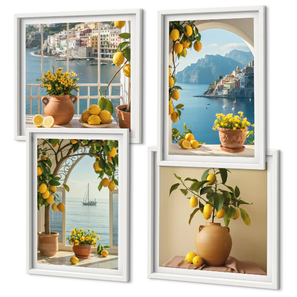 Composizione di 4 quadri limoni di città di mare fiori