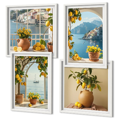 Composizione di 4 quadri limoni di città di mare fiori