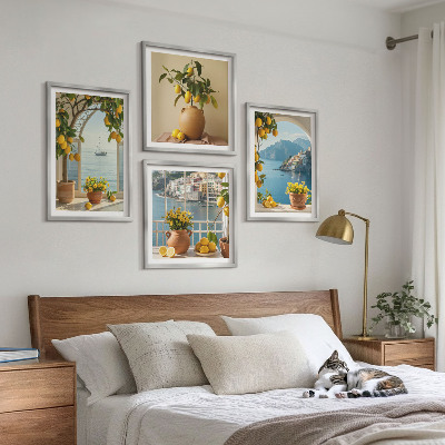Composizione di 4 quadri limoni di città di mare fiori